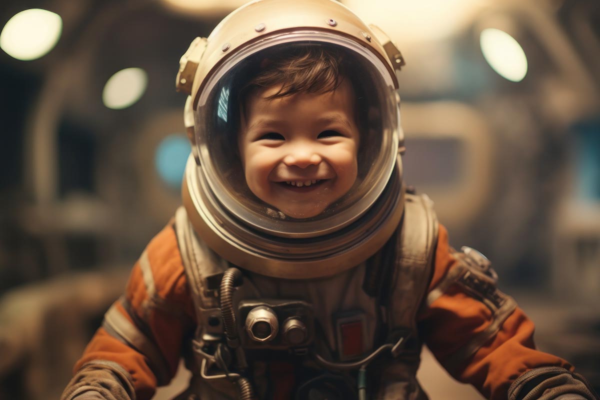 Portrait of a little boy playing and dream to be astronaut.